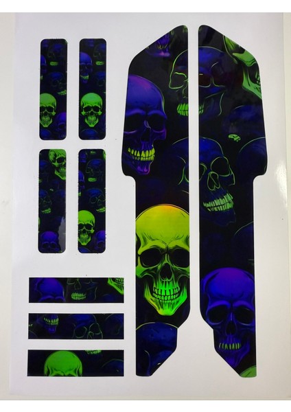 Skull Bisiklet Sticker Seti 9 Parça – Renkli Maşa Kadro Etiketi Hologram
