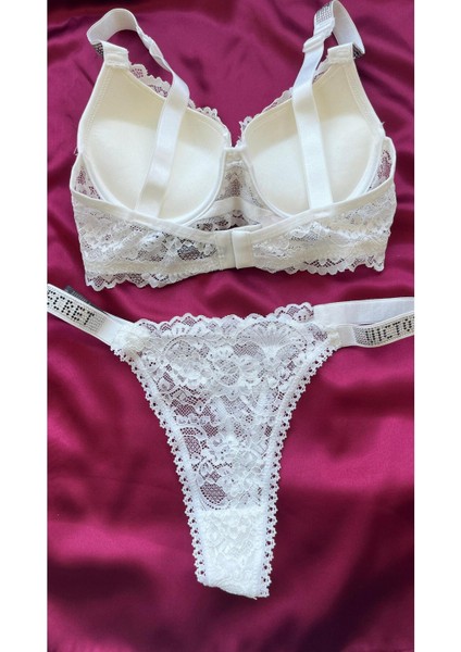Dantelli Lastiği Taşlı Balenli Destekli Dolgulu Push Up Siyah Sütyen Ve String Iç Çamaşırı Takımı
