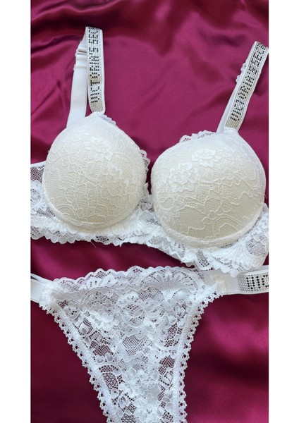 Dantelli Lastiği Taşlı Balenli Destekli Dolgulu Push Up Siyah Sütyen Ve String Iç Çamaşırı Takımı modelleri