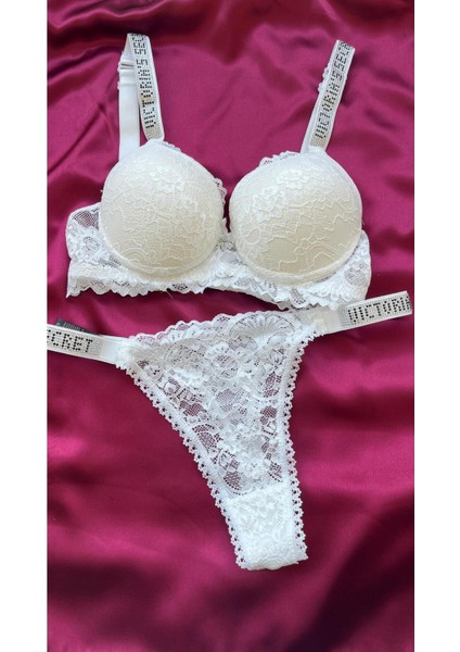 Dantelli Lastiği Taşlı Balenli Destekli Dolgulu Push Up Siyah Sütyen Ve String Iç Çamaşırı Takımı fırsatları