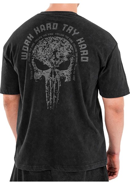 Kingsize Hard Work Antik Yıkamalı Oversize T-Shirt Siyah