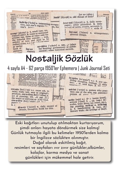 Nostaljik Ingilizce Sözlük Sticker Seti – 1950’LER Ephemera | Junk Journal 62 Parça (4 Sayfa A4)