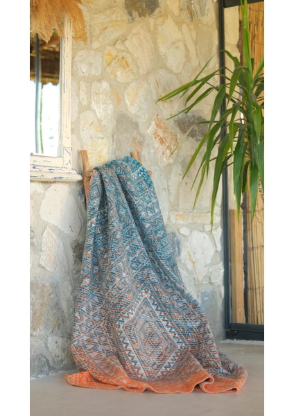 Turuncu Mavi Etnik Desen Pamuk Battaniye (150X200 Cm)