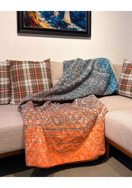 Turuncu Mavi Etnik Desen Pamuk Battaniye (150X200 Cm) modelleri