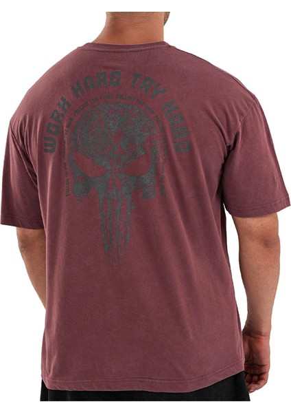 Kingsize Hard Work Antik Yıkamalı Oversize T-Shirt Bordo
