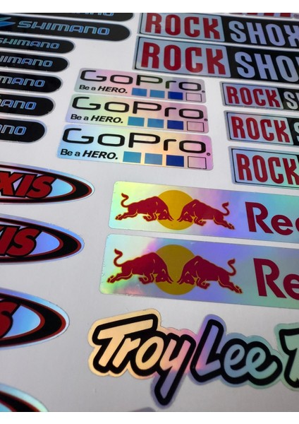 Bisiklet Sponsor Sticker Fox, Shimano, Sram, Rockshox, Gopro, Maxxis, Red Bull, Hologram modelleri