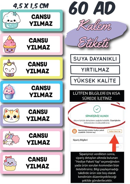 Kawaii 60 Adet Suya Dayanıklı Kalem Etiketi – 4,5x1,5 cm Kişiye Özel Isimli Sticker Seti
