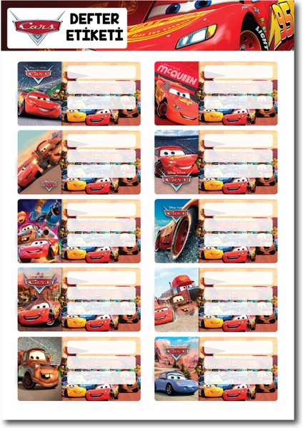 Cars Defter Etiketi – 10 Adet Arabalar Lightning Mcqueen Sticker Seti