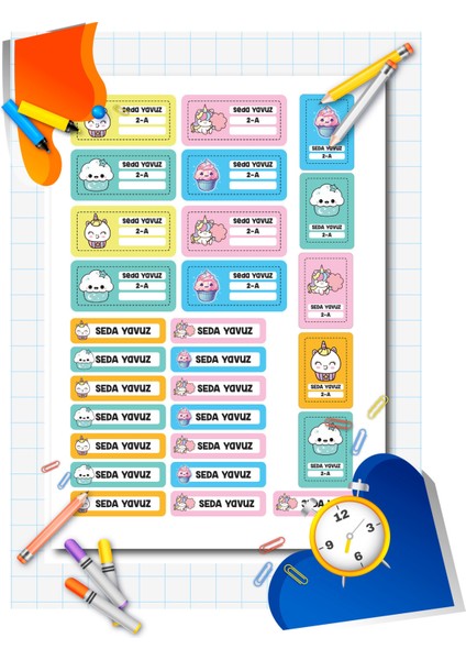 "kişiye Özel Defter Isim Etiketi – Kawaii Çıkartma Seti (Okul Etiketi, 28 Adet)"