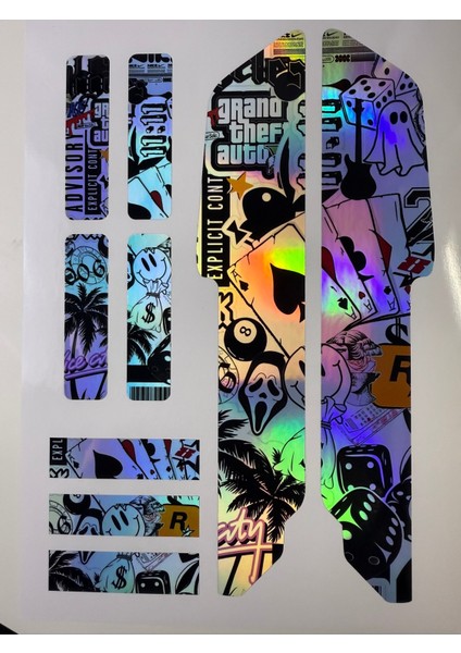 Gta Bisiklet Sticker Seti 9 Parça – Renkli Maşa Kadro Etiketi Hologram
