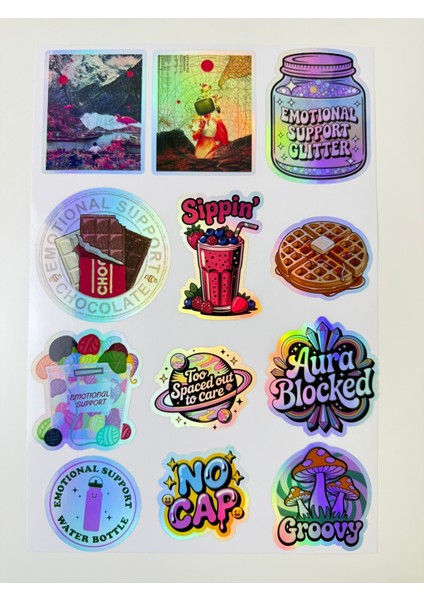 Hologram Estetik Sticker Seti – 12’li Renkli ve Mizahi Tasarımlar, Laptop & Defter Uyumlu