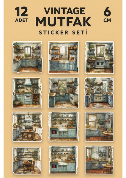 Vintage Mutfak Temalı Sticker Seti – 12 Adet, 6 cm | Defter, Laptop, Bujo, Hediye Paketi Süsü fiyatları