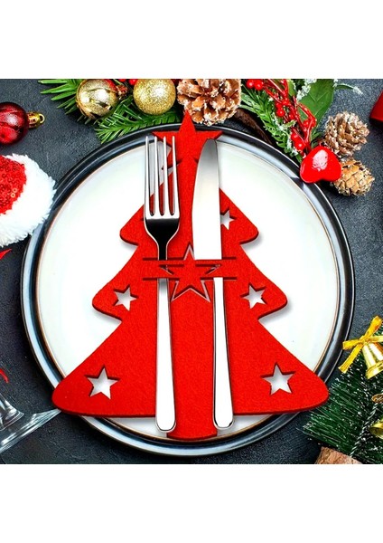 Yılbaşı Çam Ağacı Kırmızı Keçe Çatal Bıçak Tutucu, Yılbaşı Masası Dekoru, Şık Sofralar Için.