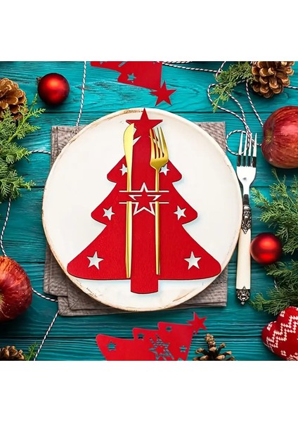 Yılbaşı Çam Ağacı Kırmızı Keçe Çatal Bıçak Tutucu, Yılbaşı Masası Dekoru, Şık Sofralar Için. fiyatları