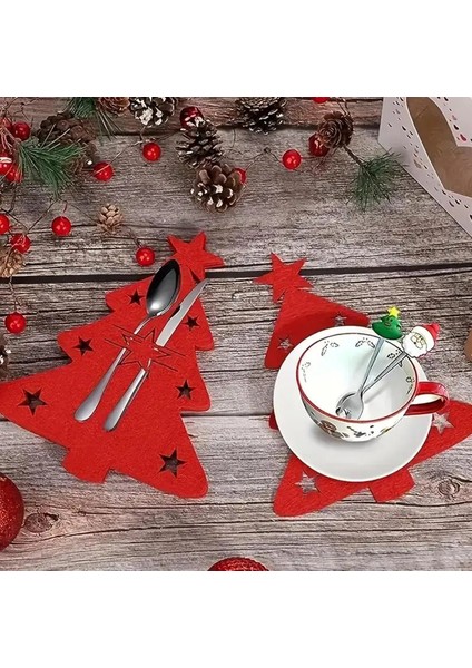 Yılbaşı Çam Ağacı Kırmızı Keçe Çatal Bıçak Tutucu, Yılbaşı Masası Dekoru, Şık Sofralar Için. modelleri