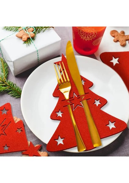Yılbaşı Çam Ağacı Kırmızı Keçe Çatal Bıçak Tutucu, Yılbaşı Masası Dekoru, Şık Sofralar Için. fırsatları