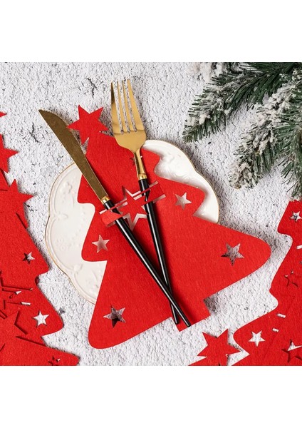 Yılbaşı Çam Ağacı Kırmızı Keçe Çatal Bıçak Tutucu, Yılbaşı Masası Dekoru, Şık Sofralar Için.