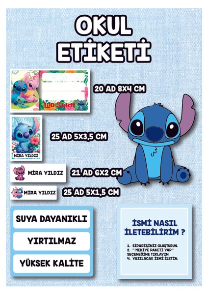 Okul Etiketi Kalem Defter Etiketi Stitch Temalı Isme Özel Etiket 91 Ad 4 Sayfa