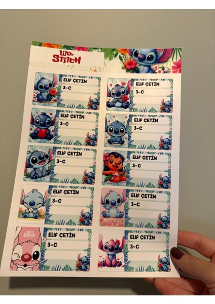 Okul Etiketi Kalem Defter Etiketi Stitch Temalı Isme Özel Etiket 91 Ad 4 Sayfa fiyatları