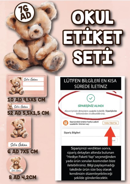 Okul Etiket Seti 76 Adet – Ayıcık Desenli Isimlik Sticker | Defter, Kalem, Malzeme Etiketi