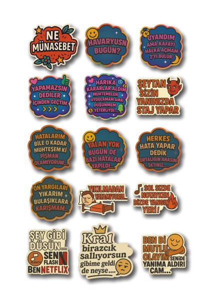 Türkçe Mizahi Sözler Sticker Seti – 15’li Renkli Motive Edici Etiket Sayfası fiyatları