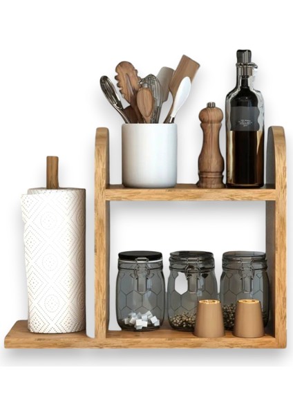Kağıt Havluluklu Mutfak Rafı Tezgah Üstü Masa Üstü Peçetelik Raf Çam-Beyaz-Antrasit