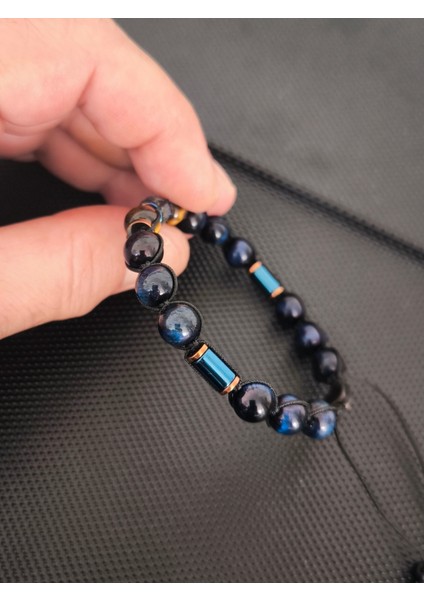 Trabzon Gümüş Kazaz-8 mm Mavi Kaplangözü-Rondela Kaplangözü Doğaltaş Bileklik Takı Aksesuar Erkek Bileklik