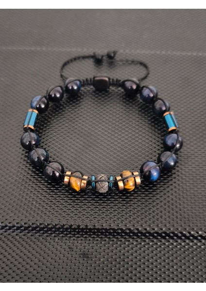 Trabzon Gümüş Kazaz-8 mm Mavi Kaplangözü-Rondela Kaplangözü Doğaltaş Bileklik Takı Aksesuar Erkek Bileklik