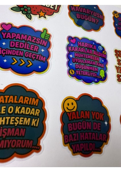 Türkçe Mizahi Sözler Sticker Seti – 15’li Renkli Motive Edici Etiket Sayfası modelleri