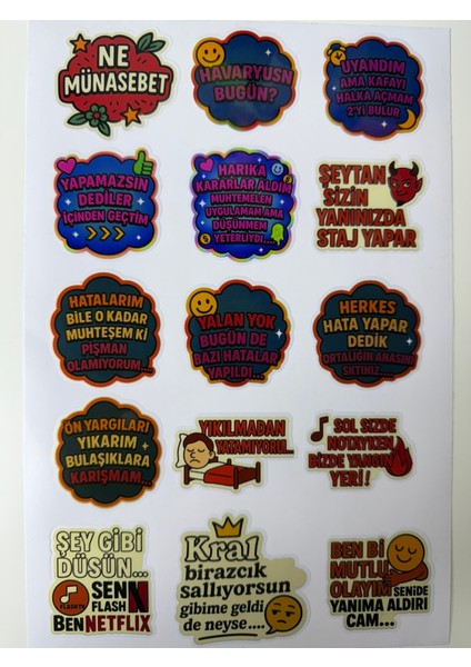 Türkçe Mizahi Sözler Sticker Seti – 15’li Renkli Motive Edici Etiket Sayfası fırsatları