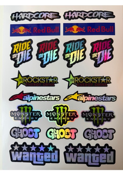 Hologram Seti 20'li - Redbull, Monster, Alpinestars, Ride Or Die, Wanted, Hardcore, Ghost Tasarımlı fiyatları