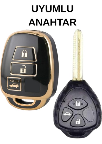 Toyota Rav4 Corolla Camry Yaris Prado Avensis Land Cruiser 3 Buton Nano Anahtar Kılıfı Siyah-Gold fiyatları