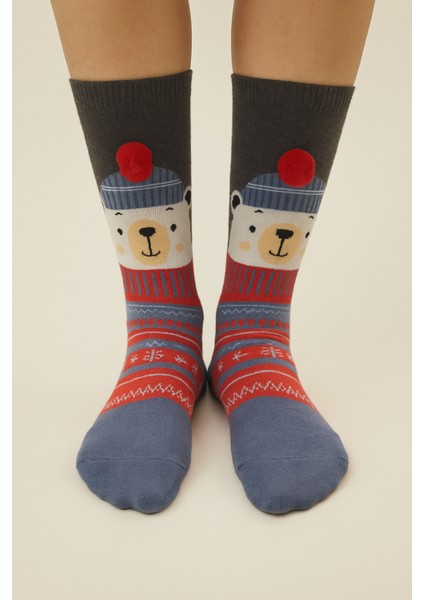 Çocuk Ponpon Detaylı Ayıcıklı Yılbaşı Soket Çorap Gri Melanj indirimleri
