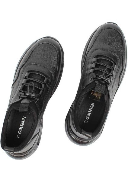 Erkek Siyah Bağcıklı Kalın Tabanlı Deri Sneaker