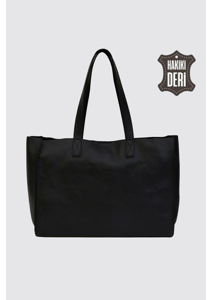 City Tote Hakiki Deri Omuz Çantası Siyah SMR9182