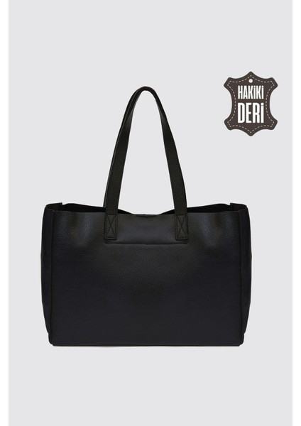 City Tote Hakiki Deri Omuz Çantası Siyah SMR9182 modelleri