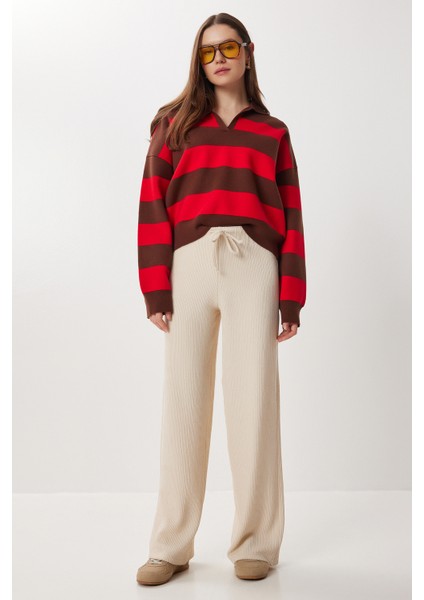 Geniş Paça Krinkıl Örme Pantolon LCI0057 Krem