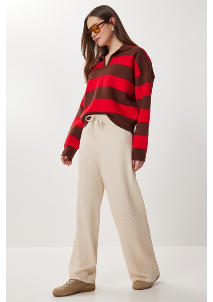 Geniş Paça Krinkıl Örme Pantolon LCI0057 Krem fiyatları