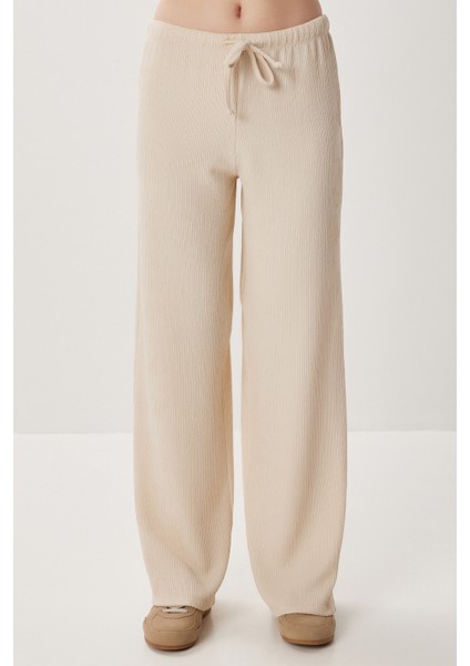Geniş Paça Krinkıl Örme Pantolon LCI0057 Krem modelleri