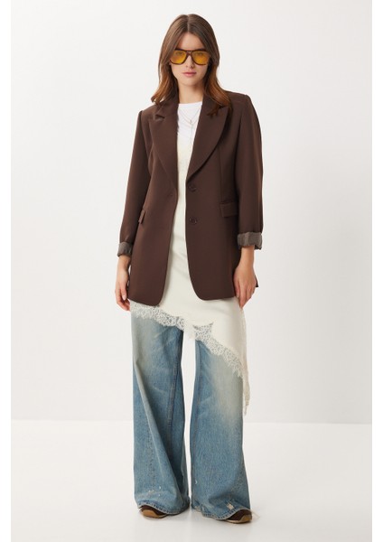 Vatkalı Düğmeli Blazer Dokuma Ceket LXA0012 Kahverengi