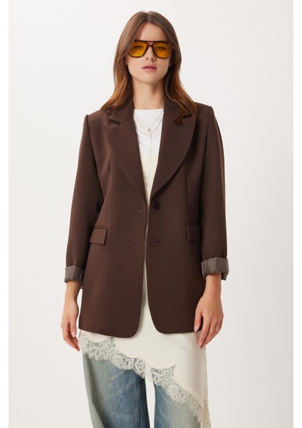 Vatkalı Düğmeli Blazer Dokuma Ceket LXA0012 Kahverengi modelleri