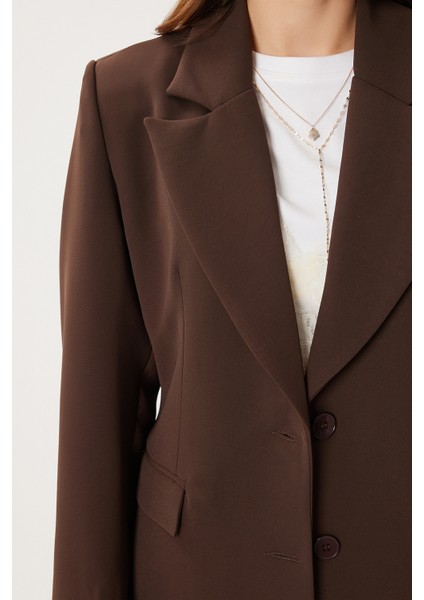 Vatkalı Düğmeli Blazer Dokuma Ceket LXA0012 Kahverengi fırsatları