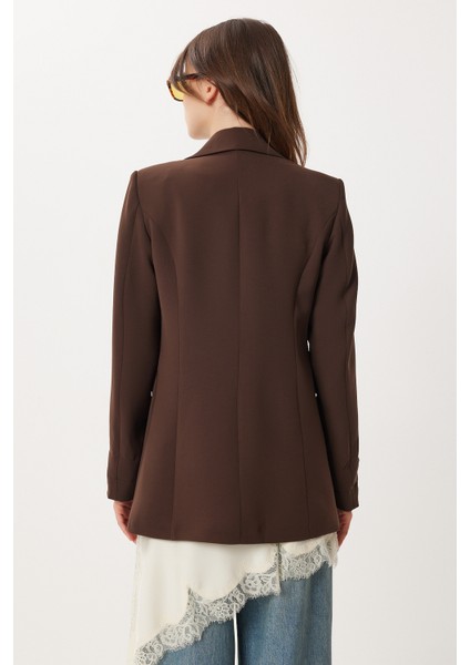 Vatkalı Düğmeli Blazer Dokuma Ceket LXA0012 Kahverengi indirimleri