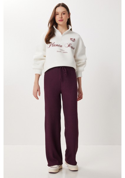 Geniş Paça Krinkıl Örme Pantolon LCI0057 Mürdüm fırsatları