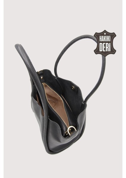 Hakiki Deri Kadın Organizerlı Omuz Çantası Siyah SMR9205