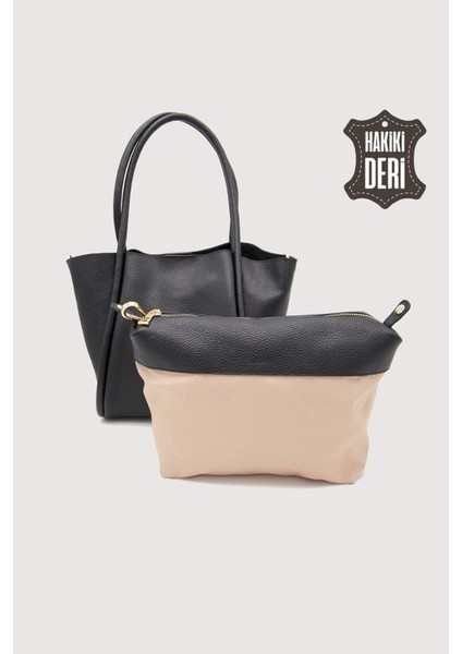 Hakiki Deri Kadın Organizerlı Omuz Çantası Siyah SMR9205