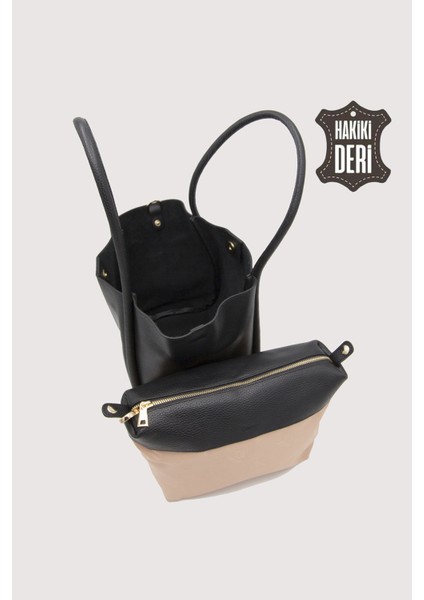 Hakiki Deri Kadın Organizerlı Omuz Çantası Siyah SMR9205