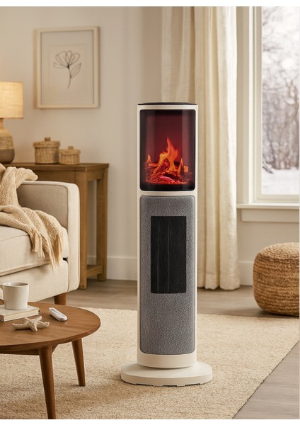 German 2075 L White Oben Seri OLED Şömineli Ekran Dijital Kule Tipi Seramik Fanlı Isıtıcı