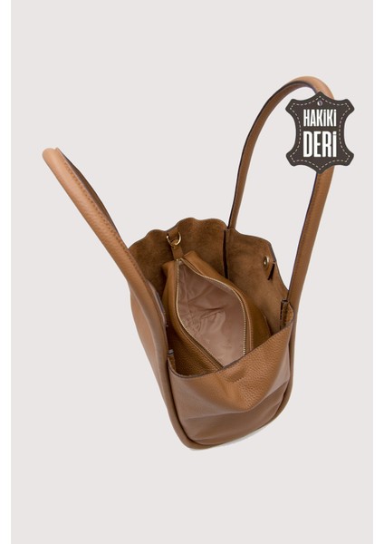 Hakiki Deri Kadın Organizerlı Omuz Çantası Taba SMR9205