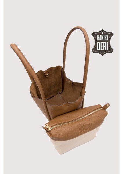 Hakiki Deri Kadın Organizerlı Omuz Çantası Taba SMR9205